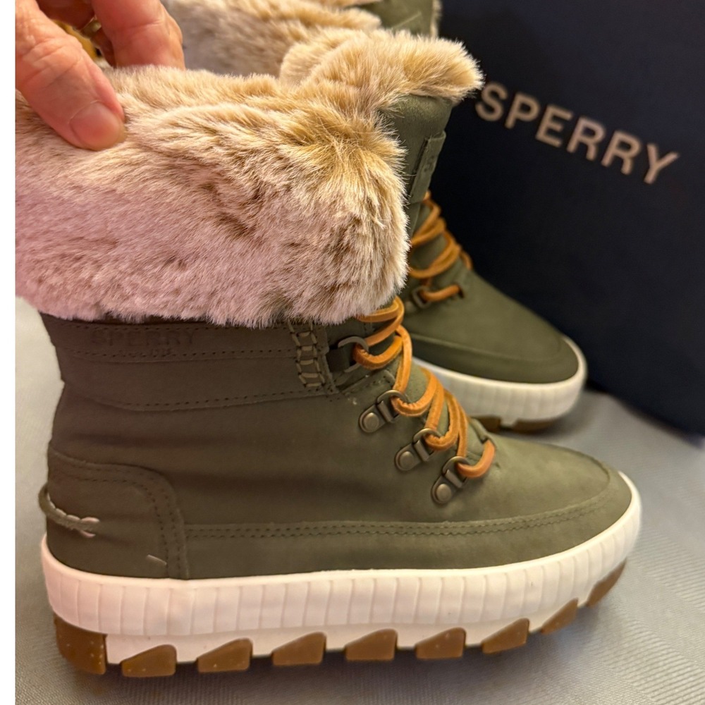 Sperry Torrent Winter Suede Boots Olive Green Faux Fur Waterproof STS89006 W 7.5 - Picture 6 of 9